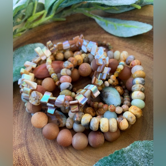 Natural Multicolored Agate, Amazonite & Unakite Gemstone Mix Bead Bracelet Stack - Picture 9 of 10